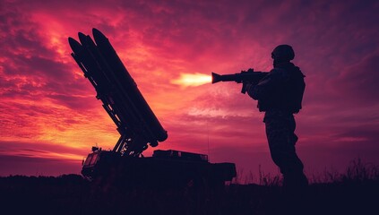 Silhouette of Soldier with Missile Defense System Against Vibrant Sunset Sky. Evening Background