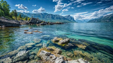 A crystal clear lake with rocky shores reflects the towering mountain backdrop under a bright blue sky, showcasing natural beauty..