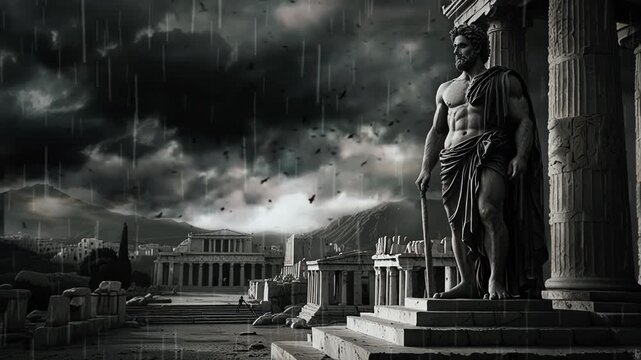 ancient greek building with statues with black clouds atmosphere, smooth looping video 4K animation