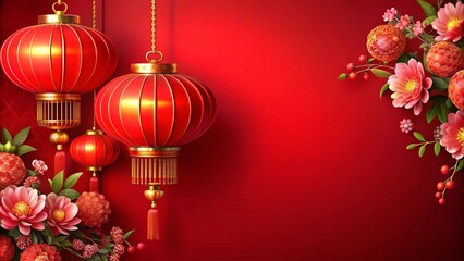 Vibrant red lanterns and flowers with traditional Chinese decorations on red background