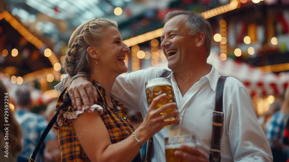 Wall mural Middle-aged couple smiling with beer at Oktoberfest.