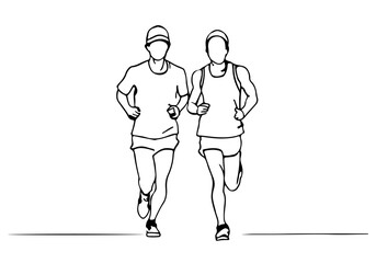 Two Runners Sketch Line Art Drawing. Running Abstract Minimal Drawing. Linear Sport Vector Illustration. Sport Lifestyle Modern Trendy Contour Drawing