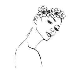 Abstract Linear Vector Drawing of Female Portrait with Flowers on Head. Outline Trendy Drawing of Female Beauty Face. Fashion Illustration