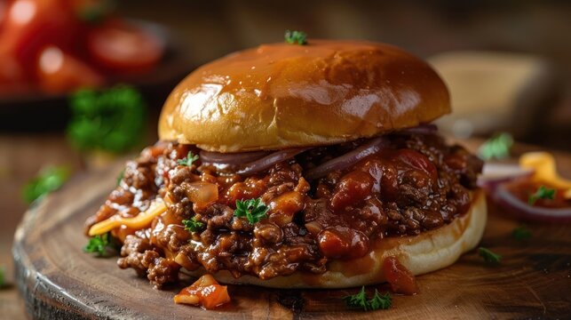a sloppy joe sandwich sitting on top of a wooden cutting board