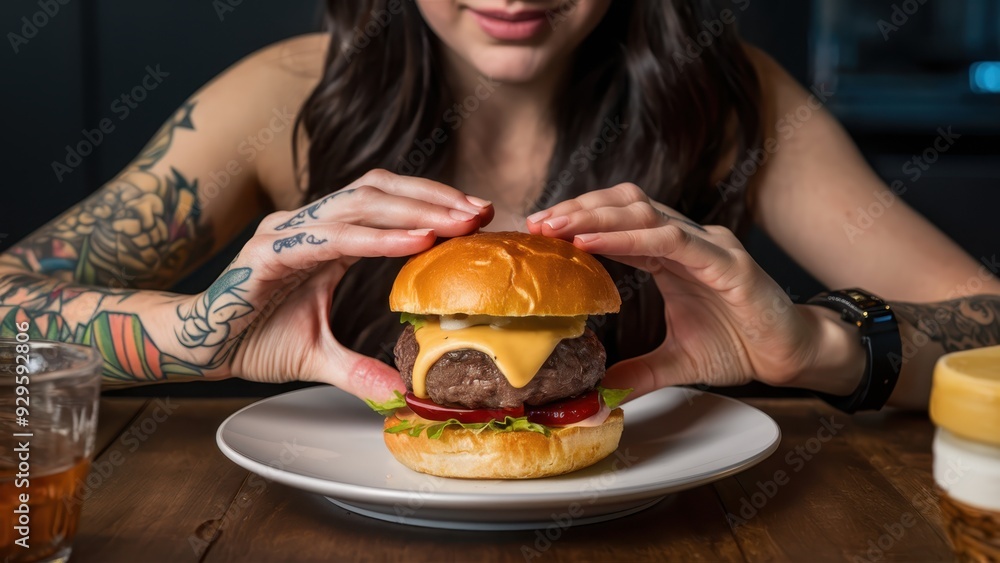 Wall mural Professional high res image of a girl with tattooed hands setting down a gourmet burger with a golden brioche bun juicy medium rare beef patty and melted cheddar