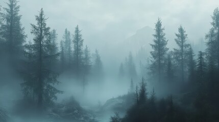 Fototapeta premium A misty forest landscape with tall trees and mountains in the background.