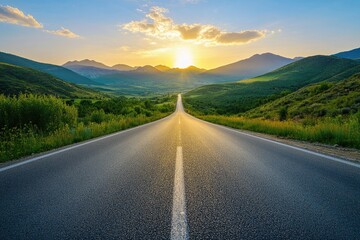 Sunset Over Mountains with Empty Asphalt Road. Green Hills Landscape Background