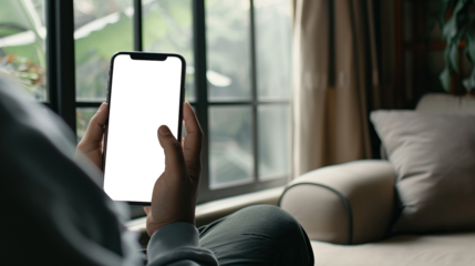 Person Relaxing on Couch Holding Phone with Blank Screen