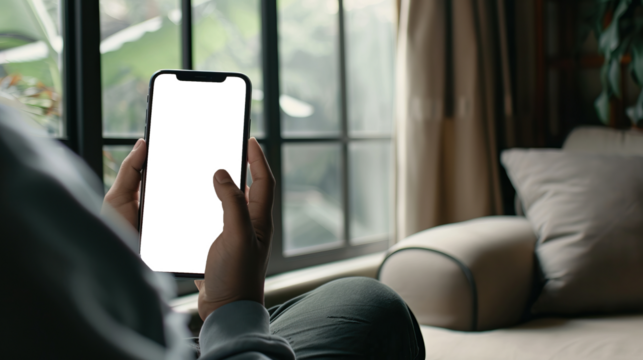 Person Relaxing on Couch Holding Phone with Blank Screen