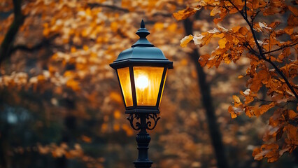 Naklejka premium Beautiful Autumn Landscape With Old Fashion Lamp, Vintage Street Light.