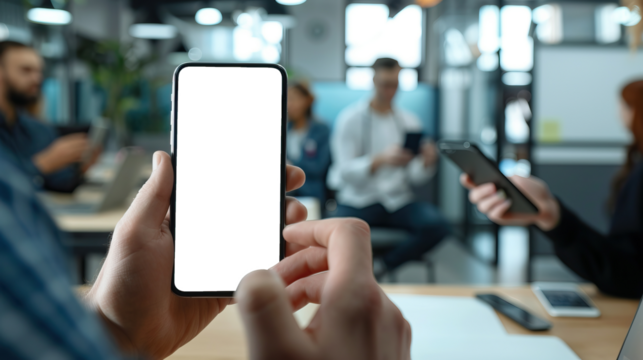 Person Using Phone with Blank Screen in Modern Office