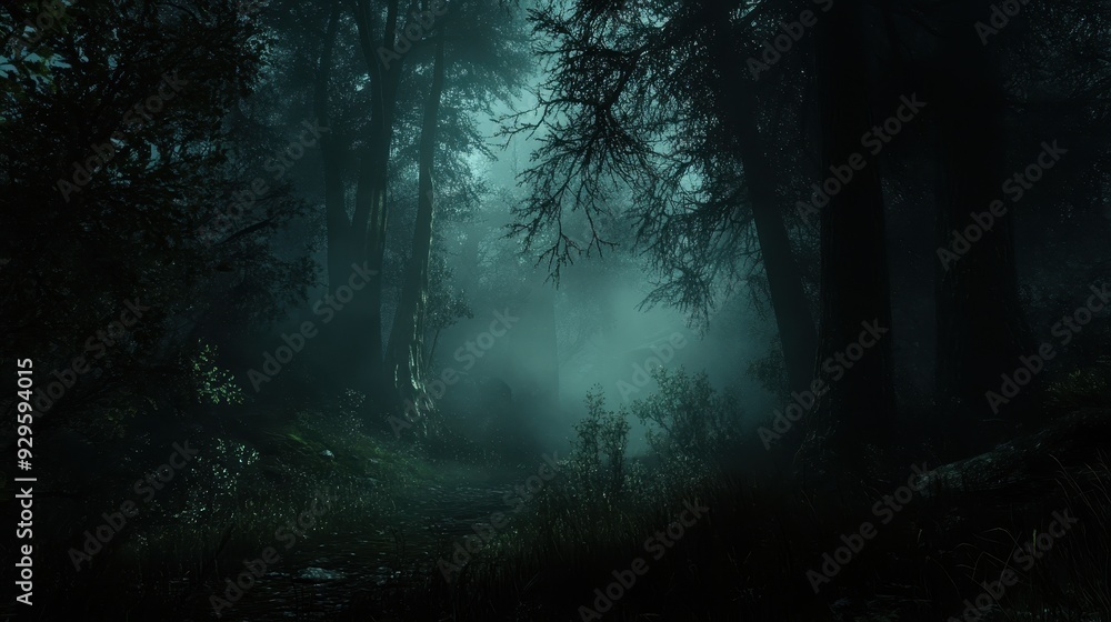 Poster a misty forest path illuminated by soft light, creating an eerie and mysterious atmosphere.