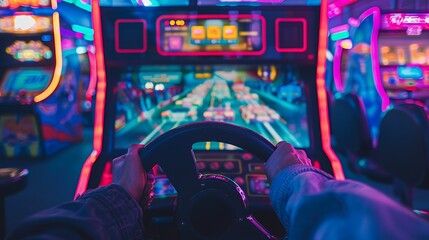 A vibrant arcade scene with a person playing a racing game, illuminated by neon lights.