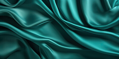 Obraz premium A close-up shot of a teal silk fabric with soft, flowing drapes, creating a smooth and elegant abstract background texture.