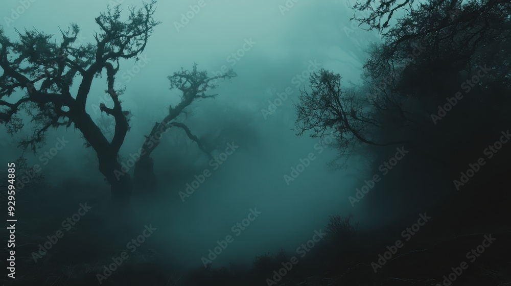 Poster a misty forest scene with dark, twisted trees and a mysterious atmosphere.