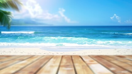Fototapeta premium Wooden Deck Overlooking Palm Trees and Vibrant Blue Ocean, Tropical Summer Showcase with Gentle Waves Background