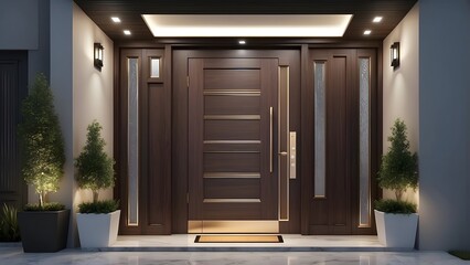 A modern entrance design of a small house exterior design with elegant front elevation door, creative luxurious door design of a house 