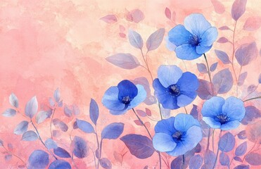 Watercolor Painting of Blue and Purple Flowers with Leaves, Soft Pink Background