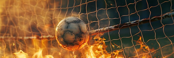Burning soccer ball reaching goal