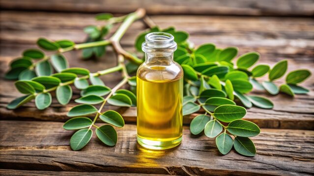 Vial filled with golden moringa oil surrounded by fresh leaves of the moringa plant on a natural wood background with subtle earthy tone and soft focus.