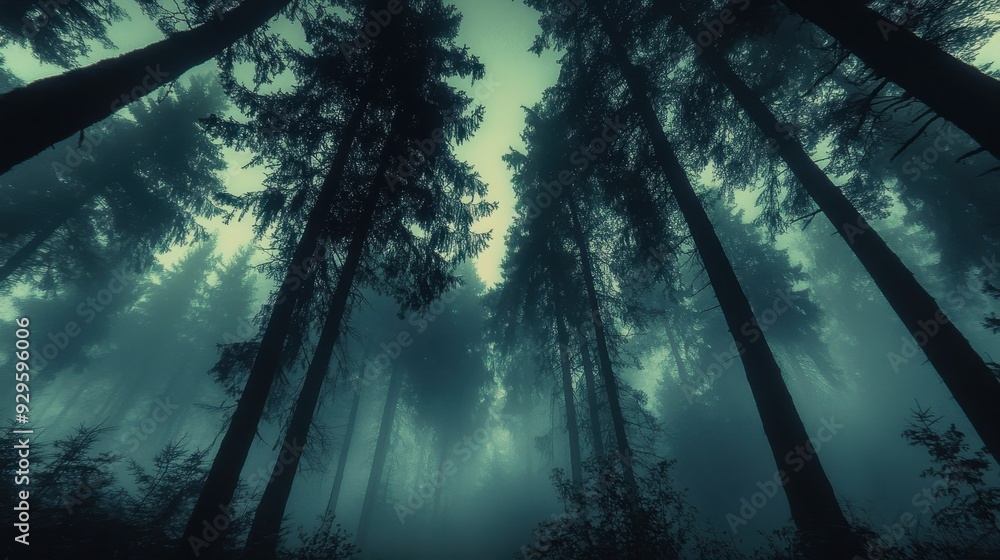 Poster a misty forest scene with tall trees reaching towards a hazy sky.