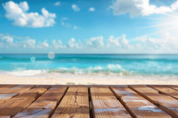 Fototapeta premium Wooden Tabletop Overlooking Sea Beach and Blue Sky, Sunny Day with Fluffy White Clouds for Product Presentation