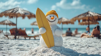 Sandy Christmas Snowman standing on a beautiful beach with a surfboard.
