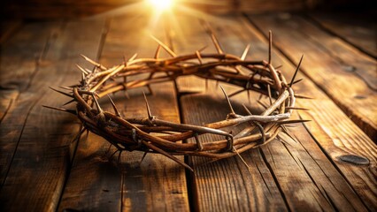 Weathered wooden table holds rustic crown of thorns, intricately woven from twisted vines, symbolizing Jesus Christ's sacrifice, surrounded by subtle warm lighting and soft shadows.