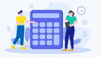 Financial planning and analysis teamwork with huge calculator illustration business animated video - Powered by Adobe