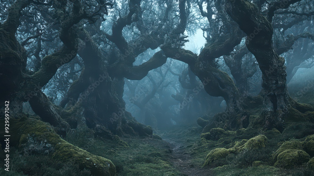 Poster a misty forest with twisted trees and a winding path, evoking a mystical atmosphere.