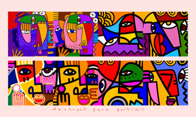 Colorful abstract face portrait line art, doodle, geometric, decorative hand drawn vector illustration. Aesthetic design for wall art, cards, poster, cover and art print.