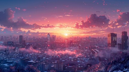 Cityscape at Sunset with Pink Sky and Falling Petals