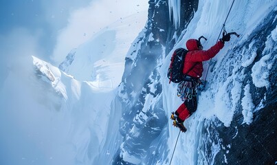 mountain climber scaling a sheer cliff face with icy conditions, equipped with climbing gear