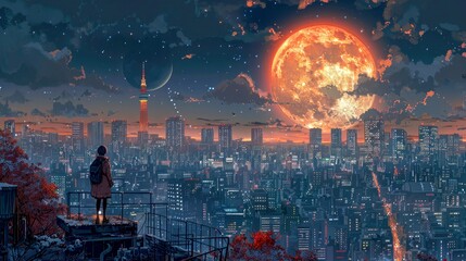 Obraz premium Solitary Figure Gazing at a Giant Red Moon over a Cityscape
