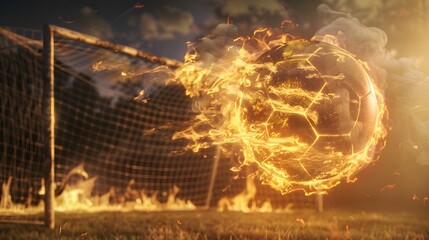 Burning soccer ball reaching goal