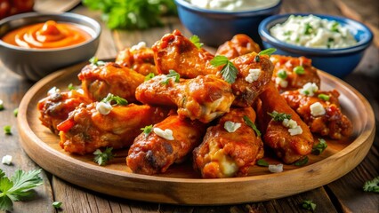 Fototapeta premium SpicyBuffaloChickenWingsHotSauceBlueCheeseTangyBoldRedBlackGrittyTexture