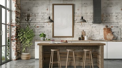 Modern Kitchen Interior with Wooden Island and Bar Stools
