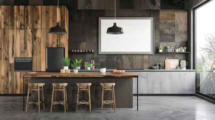 Modern Kitchen Interior with Wooden Accents and a Large Window
