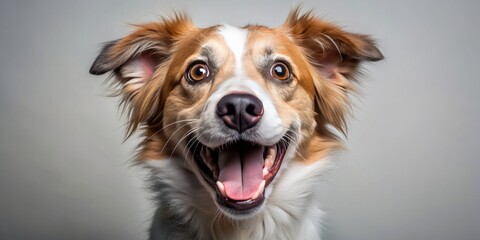 Fototapeta premium Adorable canine with open mouth and surprised expression, showcasing sharp teeth and tongue, set against a clean studio backdrop, exuding innocence and playfulness.
