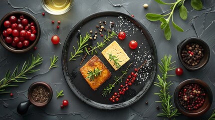 flat lay with a clean background, beautifully arranged food items, and perfect lighting 