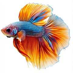 Fototapeta premium Vibrant Siamese fighting fish displaying brilliant blue scales and flowing orange and yellow fins, isolated on a clean white background.