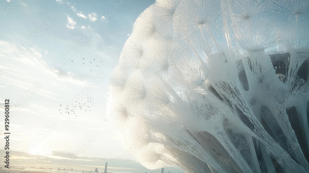 Poster futuristic 3d building in the form of a large dandelion puff, with delicate seed-like structures, ag