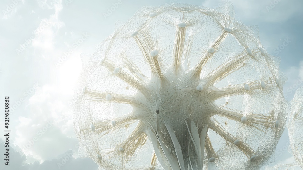 Poster futuristic 3d building in the form of a large dandelion puff, with delicate seed-like structures, ag