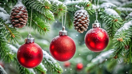 Vibrant red Christmas ornaments with glossy finish and subtle sparkle hang from delicate silver threads amidst lush green pinecones and snowy white frost.