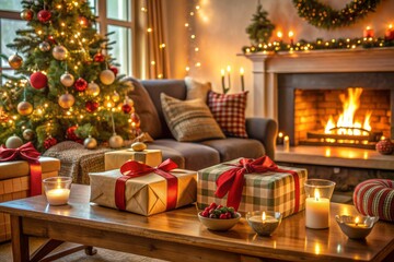 Cozy living room scene featuring beautifully wrapped Christmas gifts, festive decorations, and a warm atmosphere, perfect for capturing the joy of holiday gift-giving.