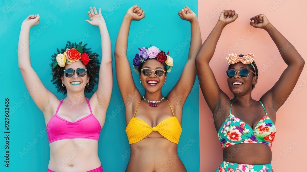 Poster a group of diverse people of different body types and backgrounds joyfully celebrating body positivi