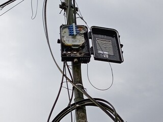 Opened cover of Outdoor Fiber Distribution Box - Fiber optic port close up. photo taken in malaysia
