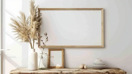 Wooden Tabletop Decor with Pampas Grass and Empty Frames