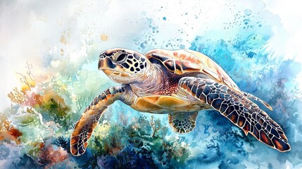 Watercolor sea turtle swimming gracefully through coral reefs, with soft blues and greens.