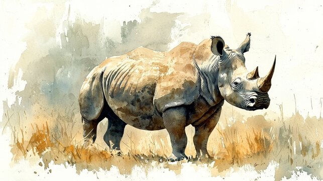 Watercolor rhinoceros in a savannah, with rugged, textured skin.